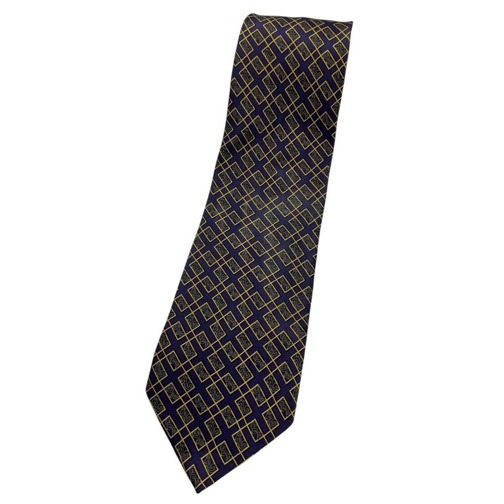 YVES SAINT LAURENT Men's 100% Silk Necktie LUXURY Blue Gold Geometric W:3.7" EUC